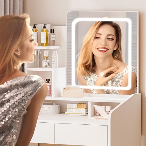 White Vanity Desk Set with Mirror and Drawer Q585437