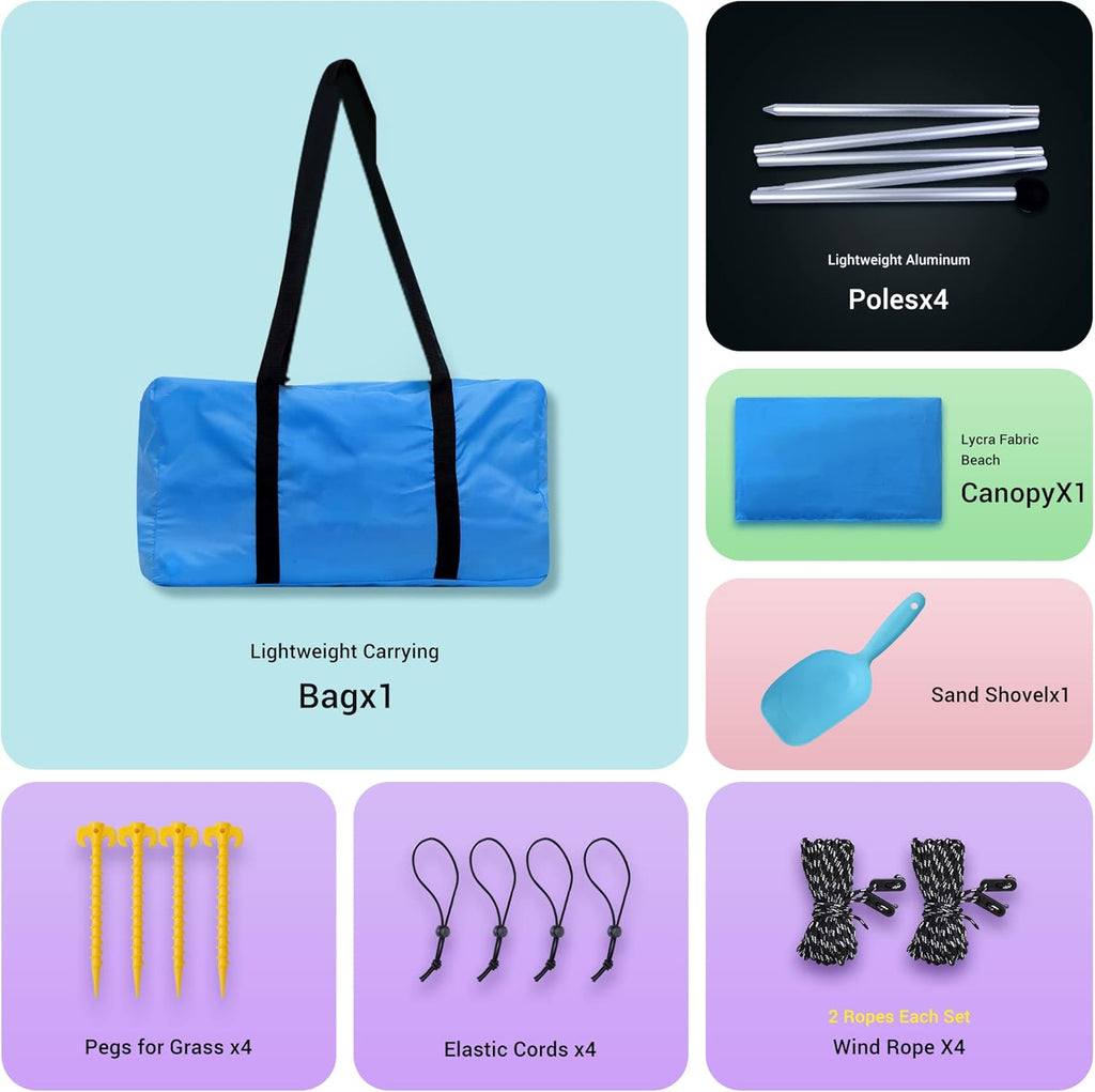 Beach Tent, Pop Up Portable Canopy Set, UPF 50+ Sunshade with Carry Bag, Aluminum Poles, Sands Shovel, and Pegs (10x10 FT Blue) F3671