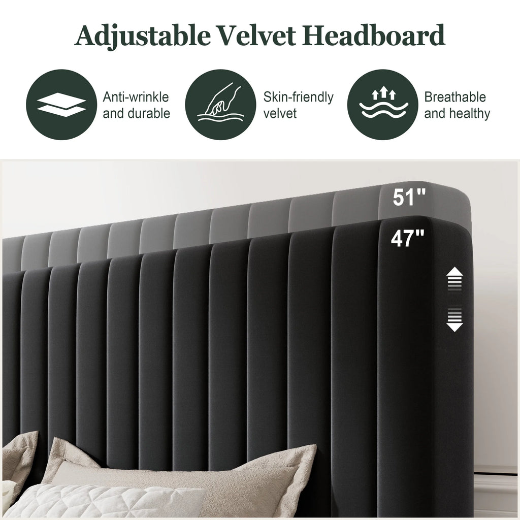Queen Size Black Velvet Upholstered Platform Bed Frame T8333