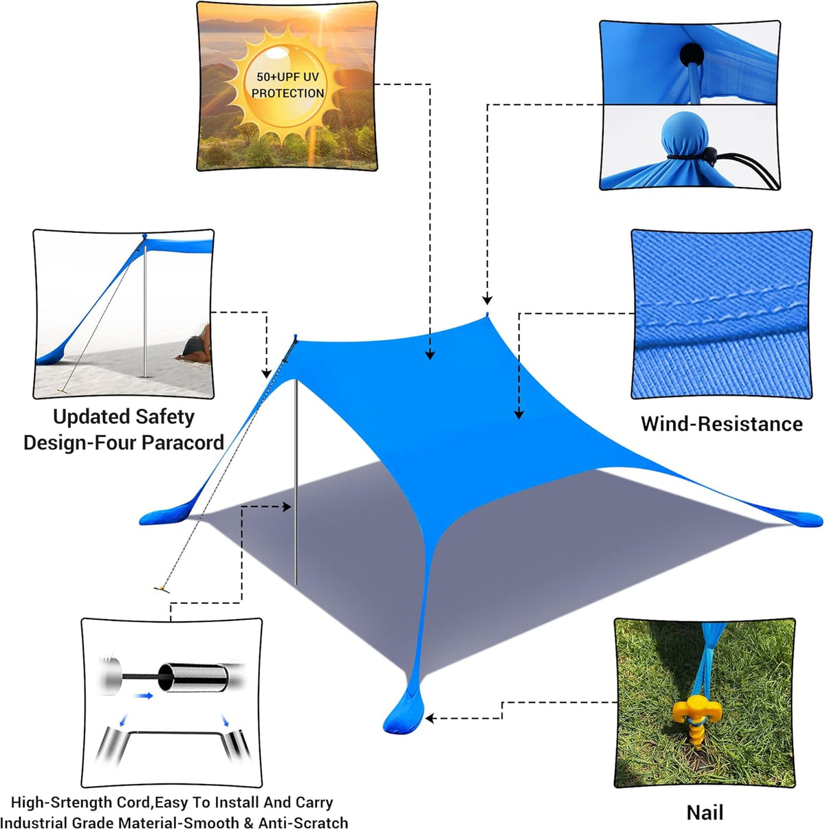 Beach Tent, Pop Up Portable Canopy Set, UPF 50+ Sunshade with Carry Bag, Aluminum Poles, Sands Shovel, and Pegs (10x10 FT Blue) F3671