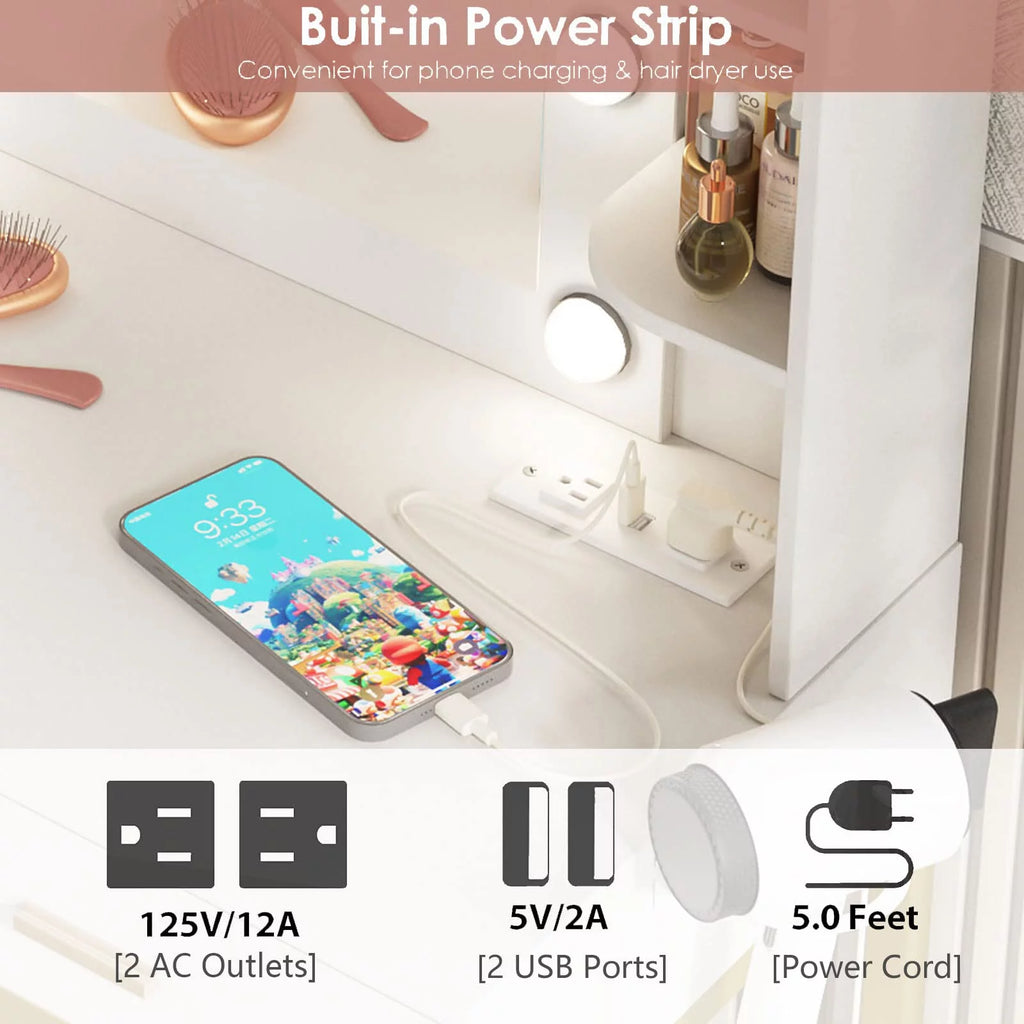 White Makeup Vanity with Lighted Mirror & Power Strip B243