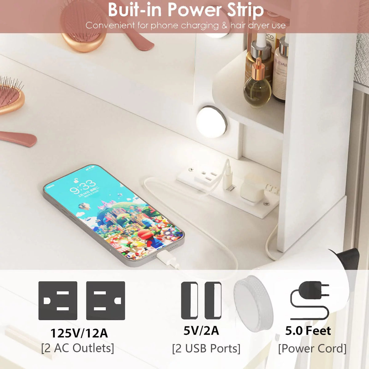 White Makeup Vanity with Lighted Mirror & Power Strip B243