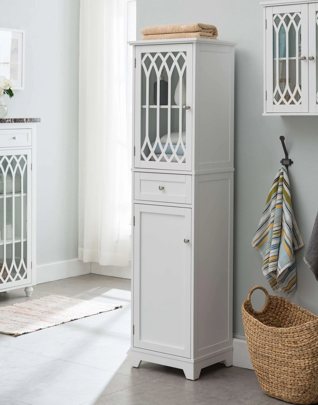 White Tall Wood Bathroom Storage Cabinet Linen Tower C43581