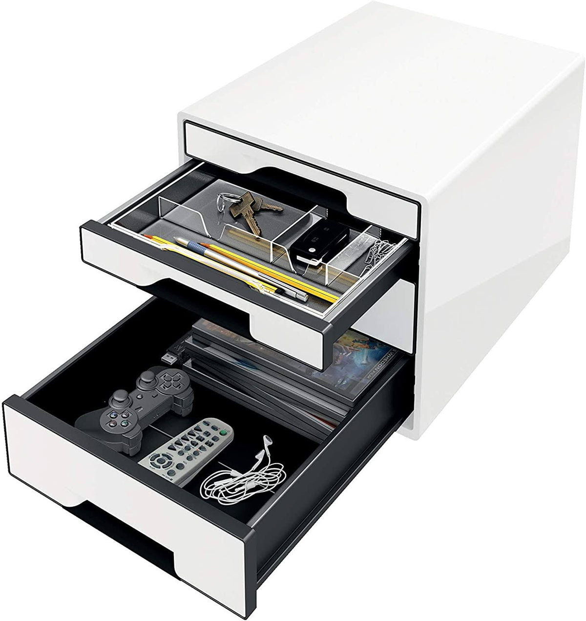 4 A4 Drawer Cabinet with Marker Pen and Transparent Tray, White/Black W15370