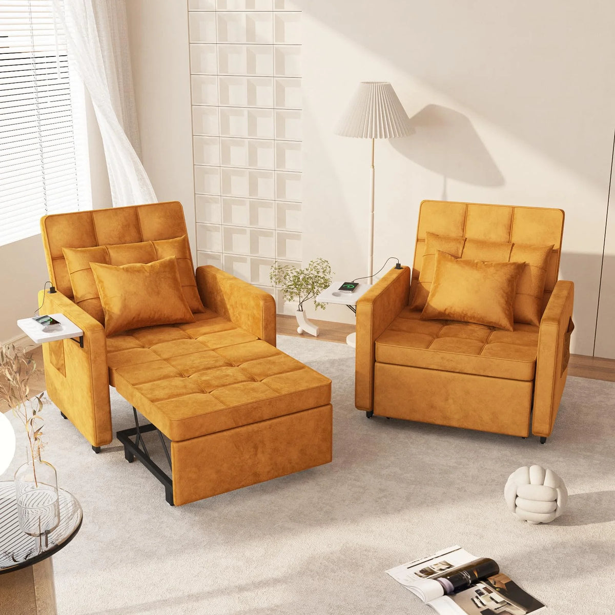 Velvet 3-in-1 Sofa Bed Chair with Wing Table and USB Ports Q540