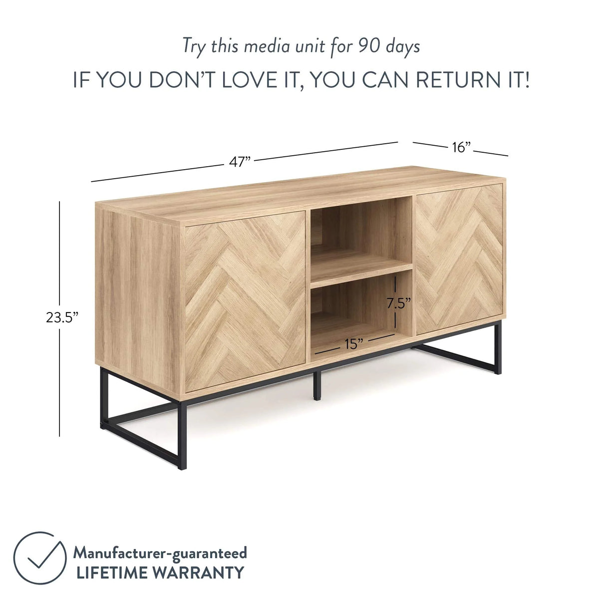 Gray Black Herringbone Pattern Wood Metal Media Console Cabinet H868