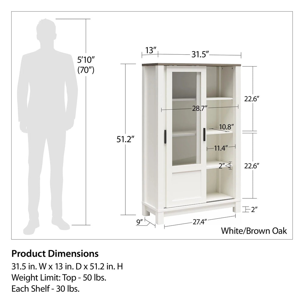 White Bookcase Cabinet with Sliding Glass Doors I1174