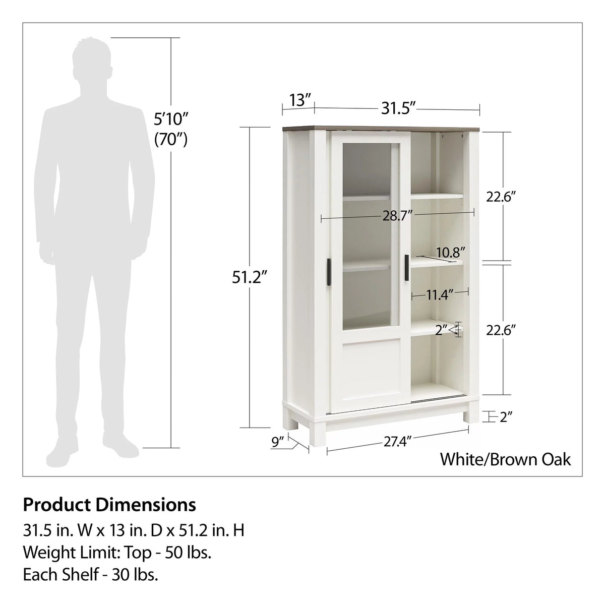 White Bookcase Cabinet with Sliding Glass Doors I1174
