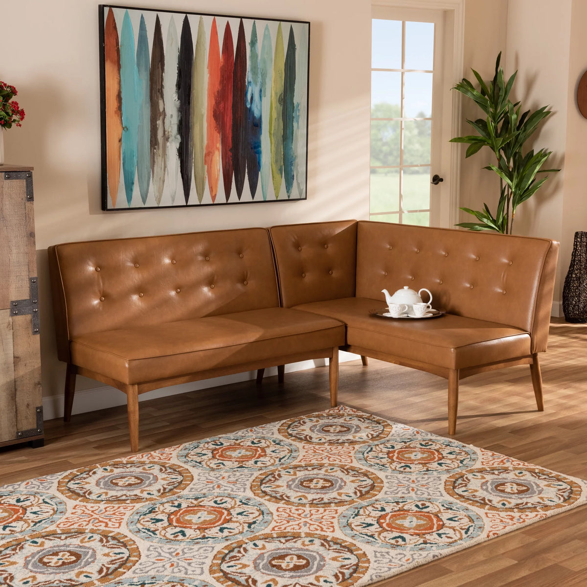 Tan Faux Leather Upholstered Wood Dining Corner Sofa Bench P149