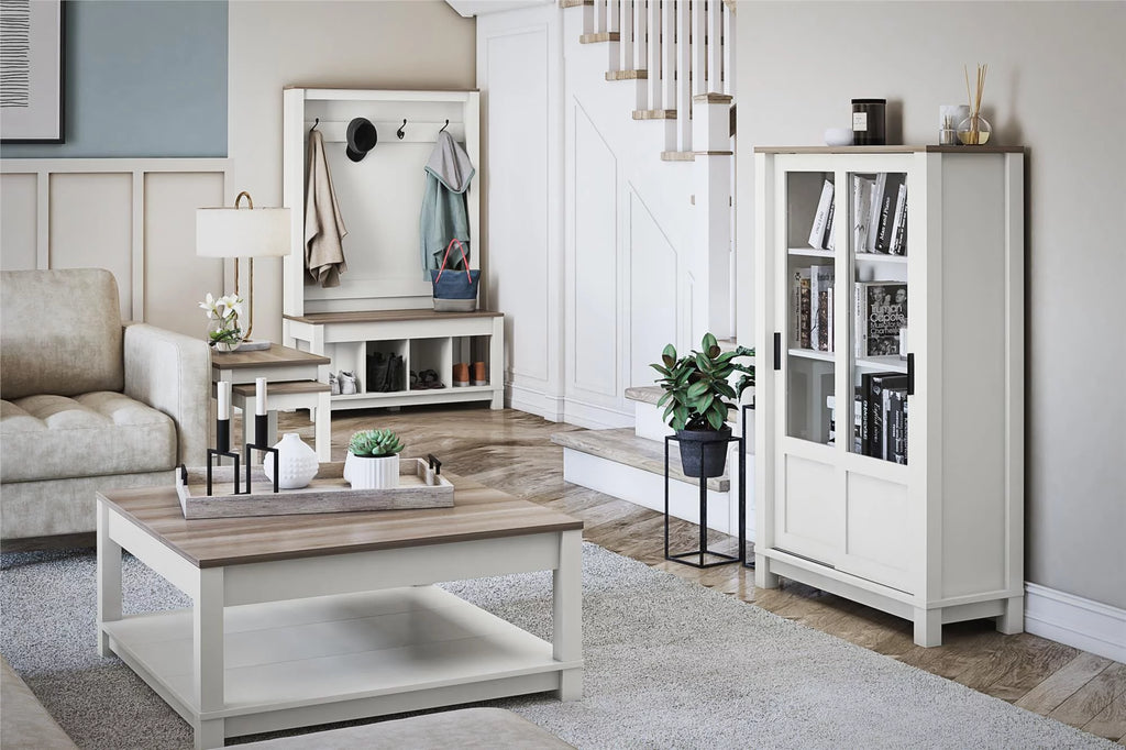 White Bookcase Cabinet with Sliding Glass Doors I1174