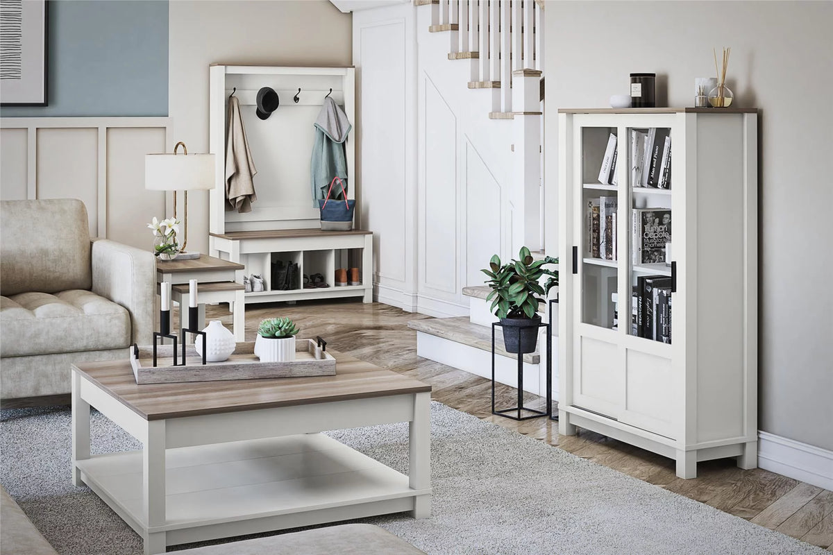 White Bookcase Cabinet with Sliding Glass Doors I1174