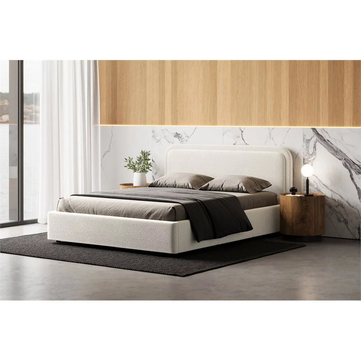 Queen Upholstered Platform Bed in White Boucle Fabric Q572