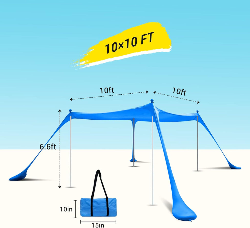 Beach Tent, Pop Up Portable Canopy Set, UPF 50+ Sunshade with Carry Bag, Aluminum Poles, Sands Shovel, and Pegs (10x10 FT Blue) F3671
