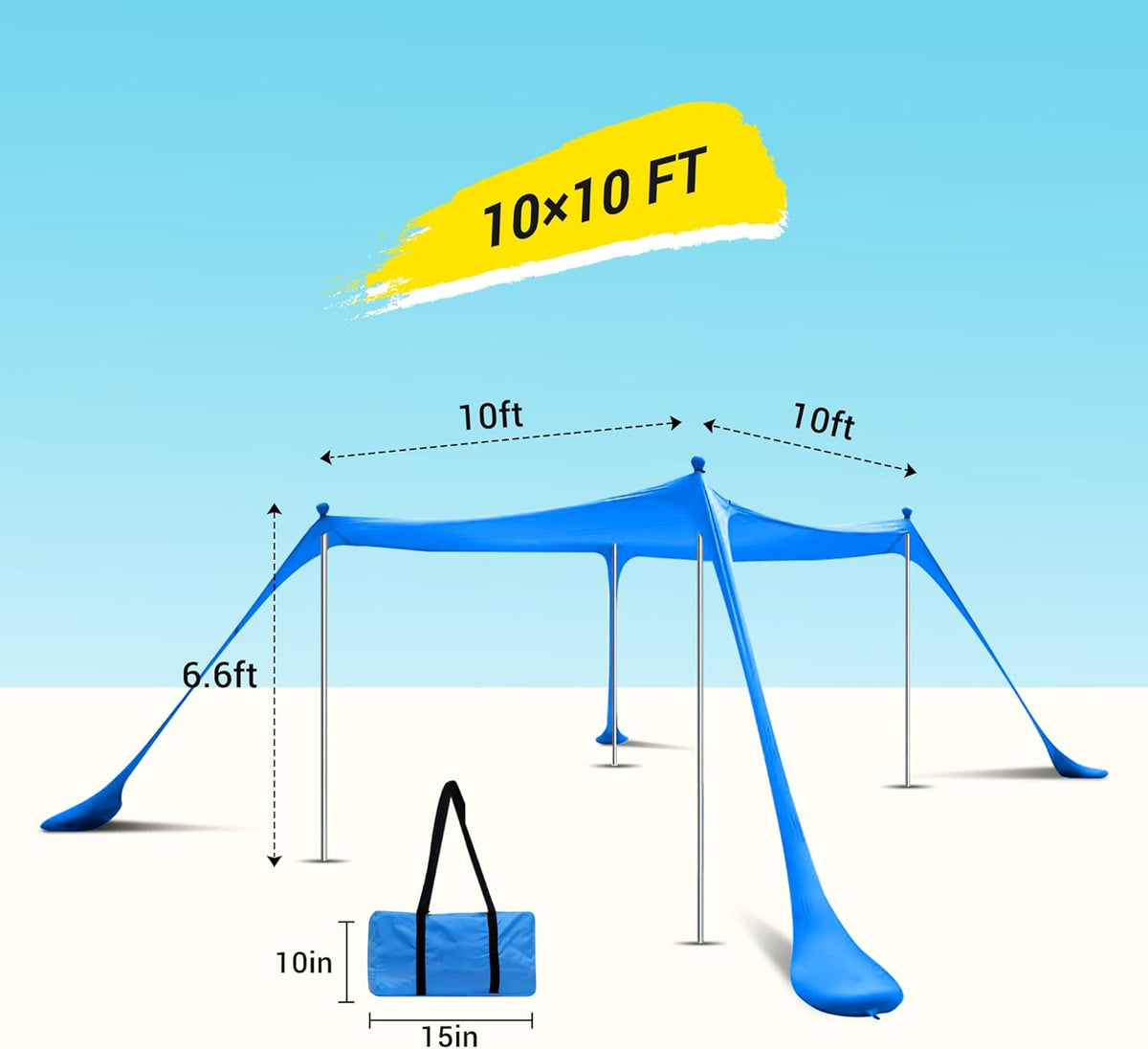 Beach Tent, Pop Up Portable Canopy Set, UPF 50+ Sunshade with Carry Bag, Aluminum Poles, Sands Shovel, and Pegs (10x10 FT Blue) F3671