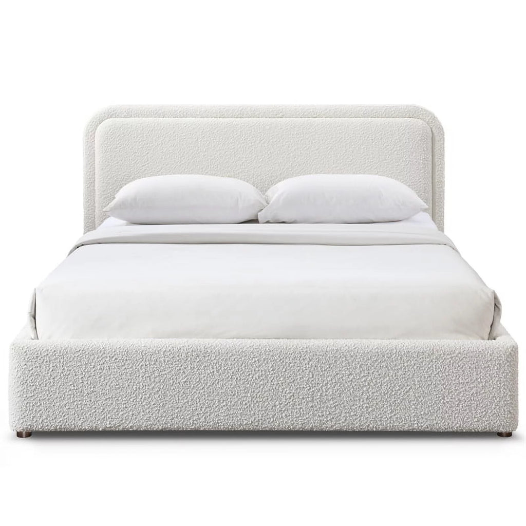Queen Upholstered Platform Bed in White Boucle Fabric Q572