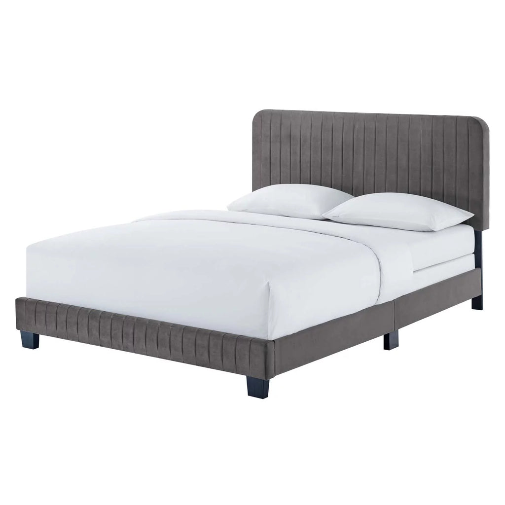 King Size Grey Velvet Tufted Platform Bed Frame Z431