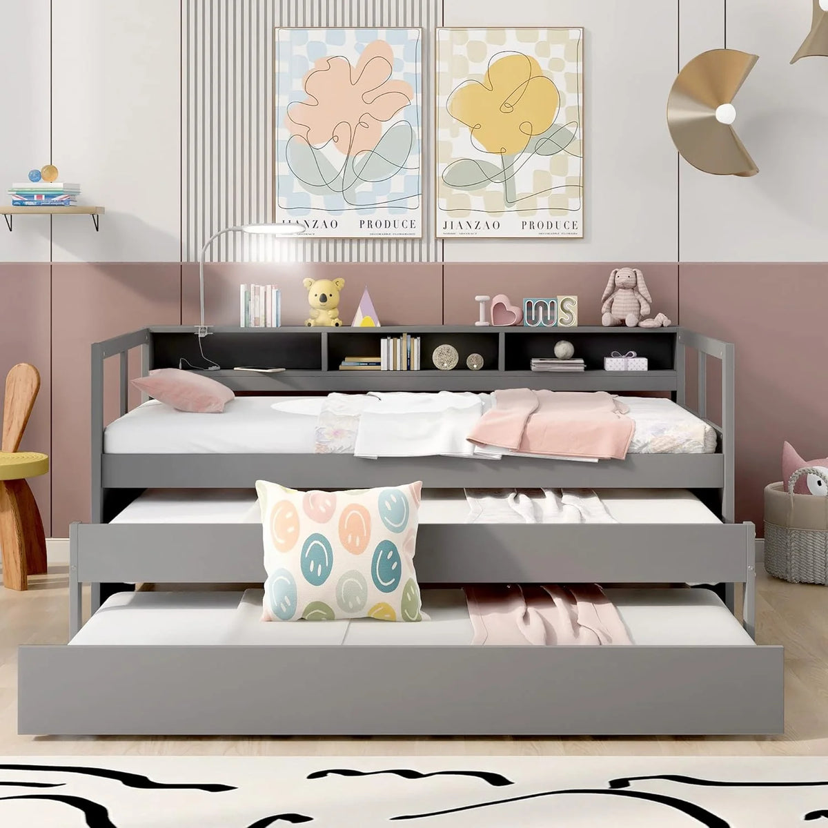 Grey Solid Wood Daybed with 2 Trundles and 3 Storage Cubbies Z844844