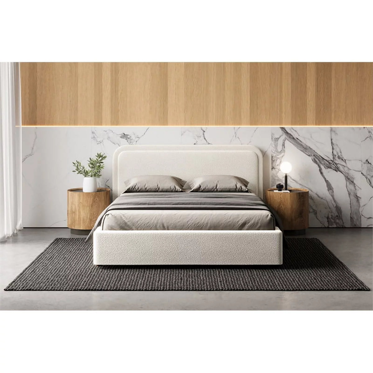 Queen Upholstered Platform Bed in White Boucle Fabric Q572