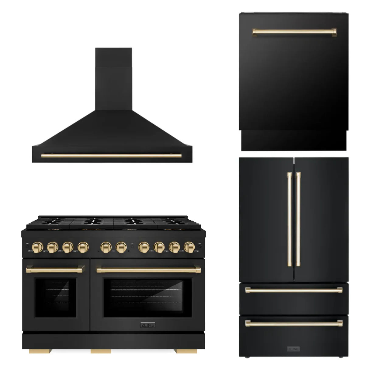 48 In. Gas Range, Range Hood, Refrigerator, and Dishwasher in Black Stainless Steel D5651