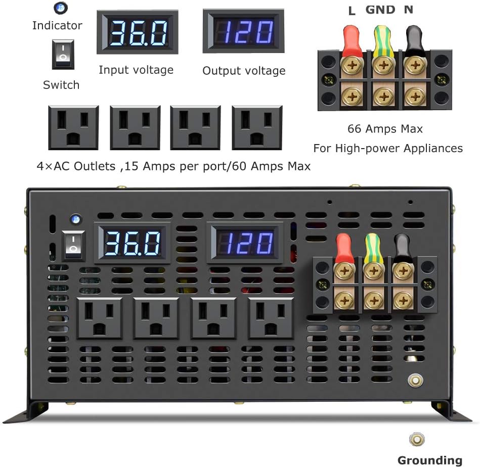 8000W Pure Sine Wave Power Inverter DC 36V to AC 120V X3647