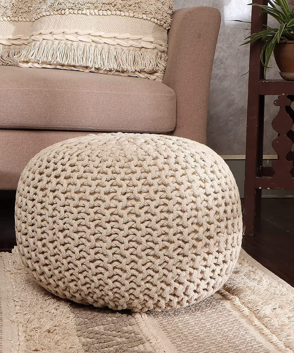 Cable Knitted 100% Cotton Round Pouf Ottoman S660
