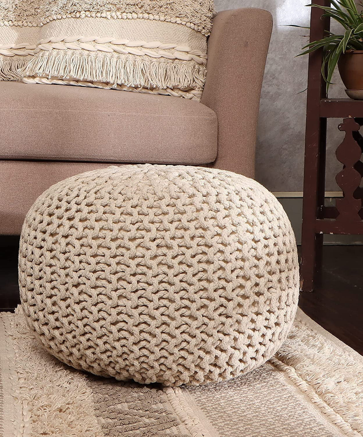 Cable Knitted 100% Cotton Round Pouf Ottoman S660