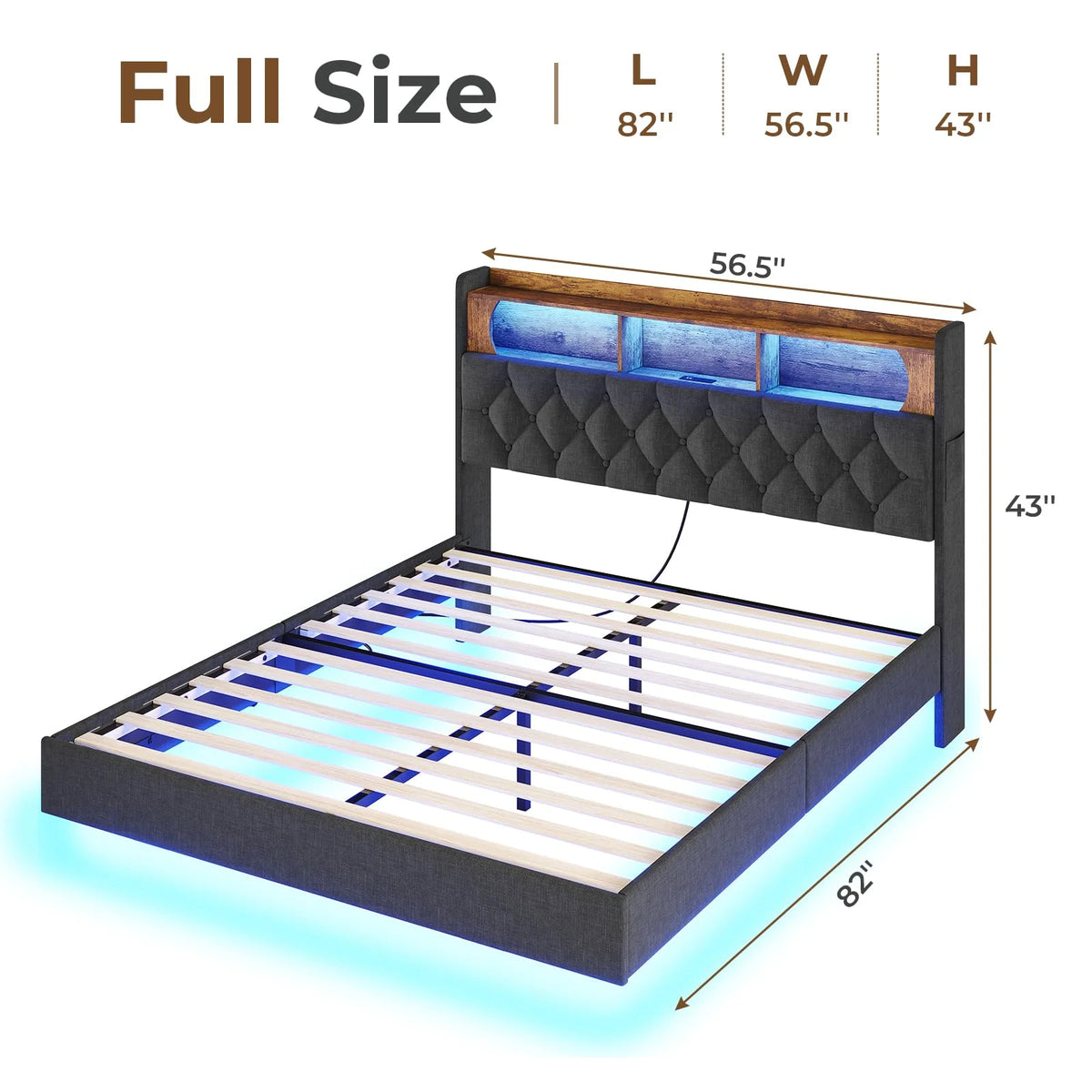 Full Size Platform Bed Frame with Charging Station and LED Lights T65442