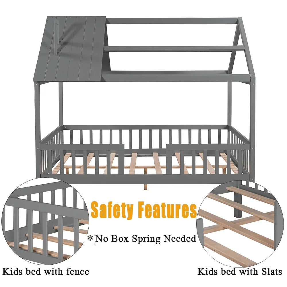 Full Size Wood Bed Frame with Roof and Fence Y214192