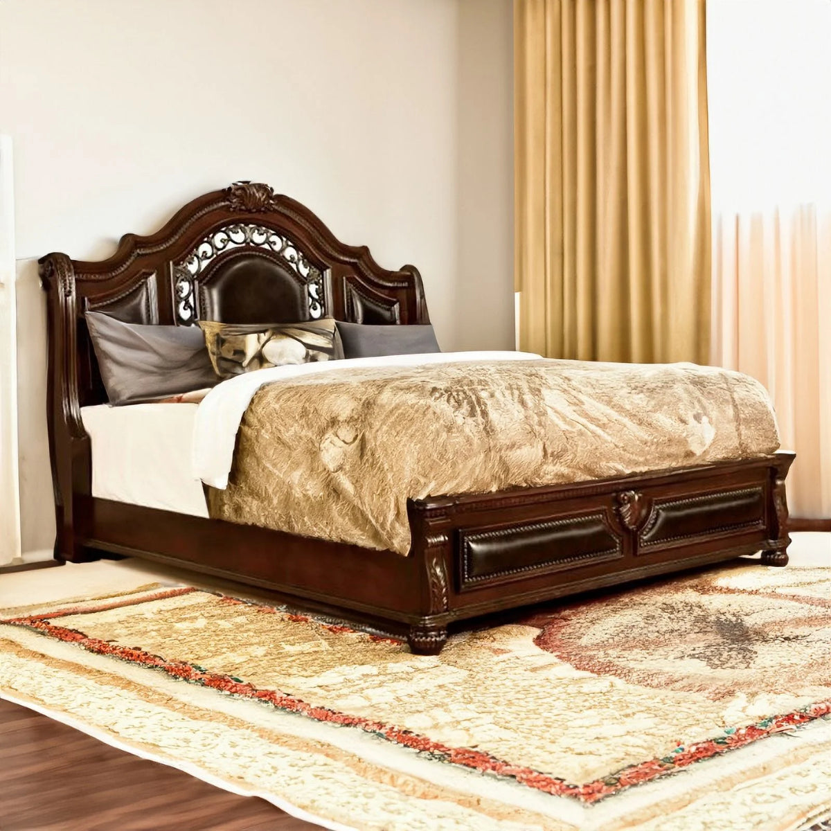 Solid Wood Panel King Bed with Faux Leather Q68455