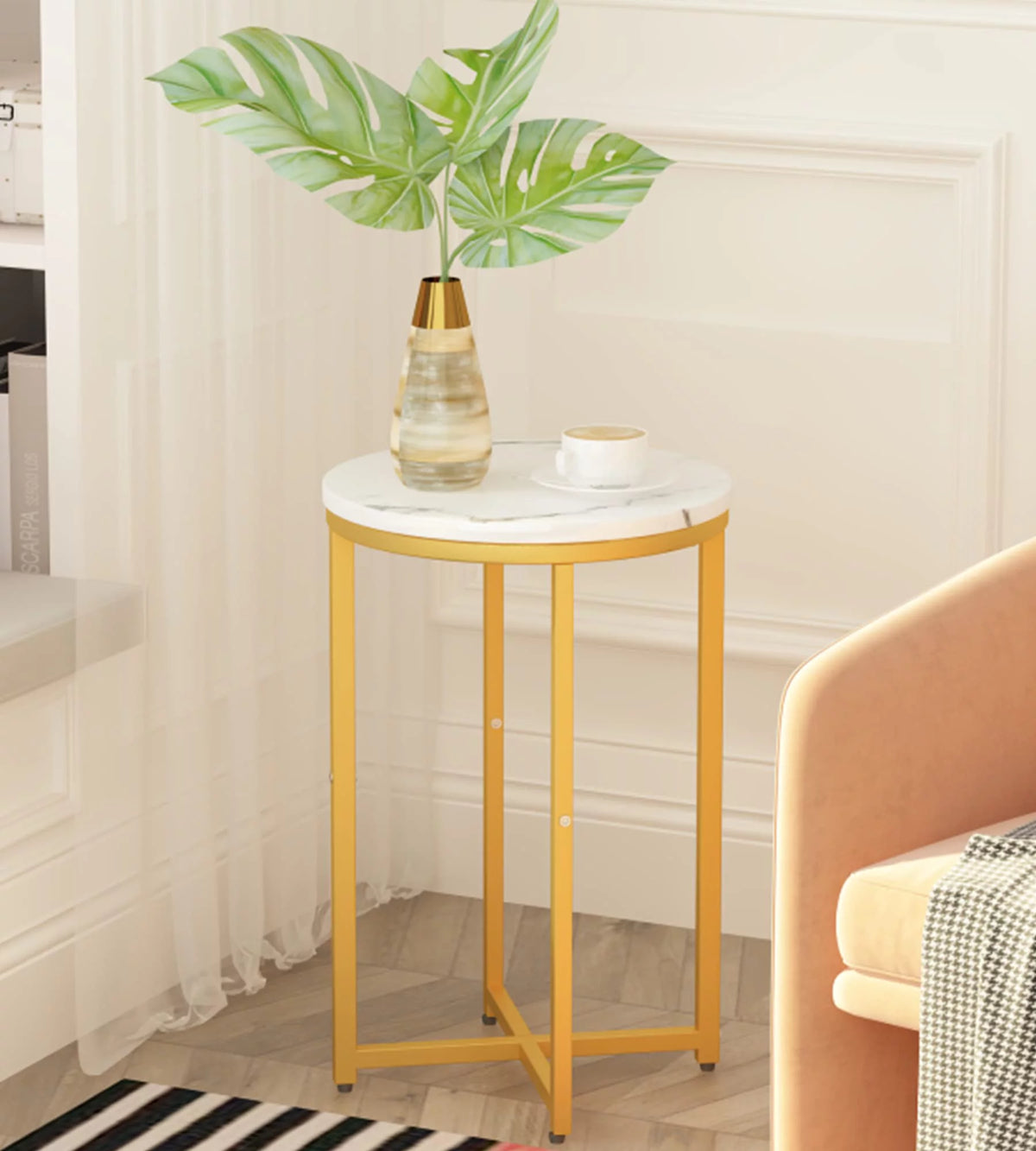 Round Faux Marble Side Table with Metal Frame N68401