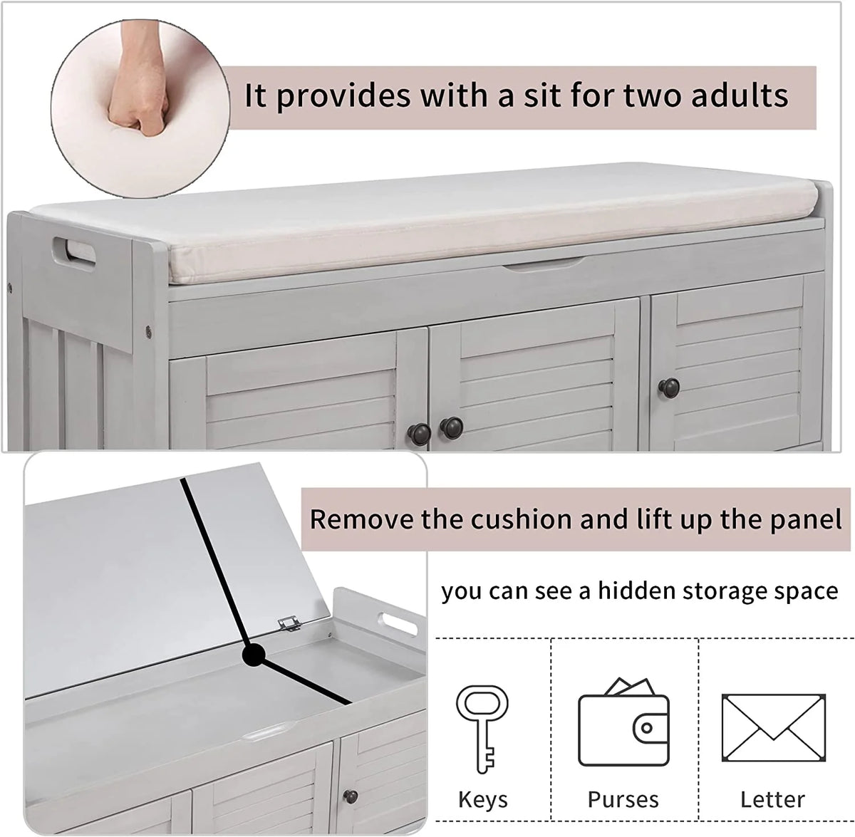 Wooden Bench with Removable Cushion and Hidden Storage M30792