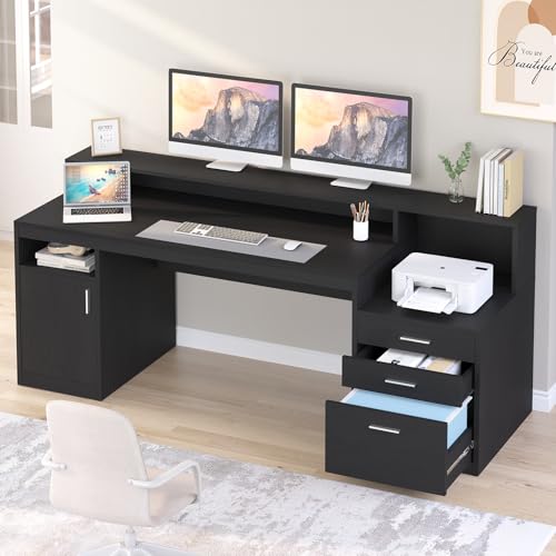 Black Computer Desk with 3 Drawer and Storage Shelves I353