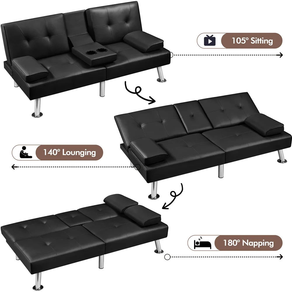 Black Faux Leather Convertible Futon Sofa Bed with Cup Holders O350