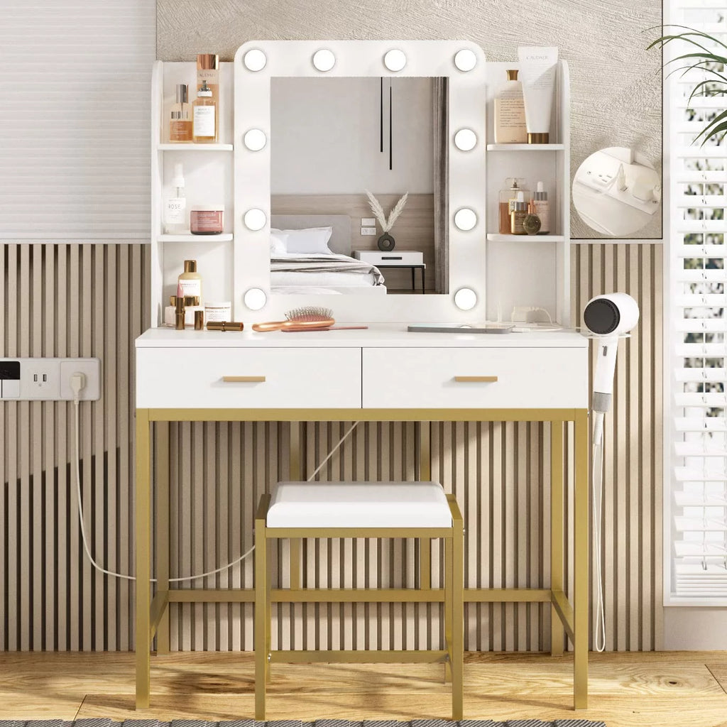 White Makeup Vanity with Lighted Mirror & Power Strip B243