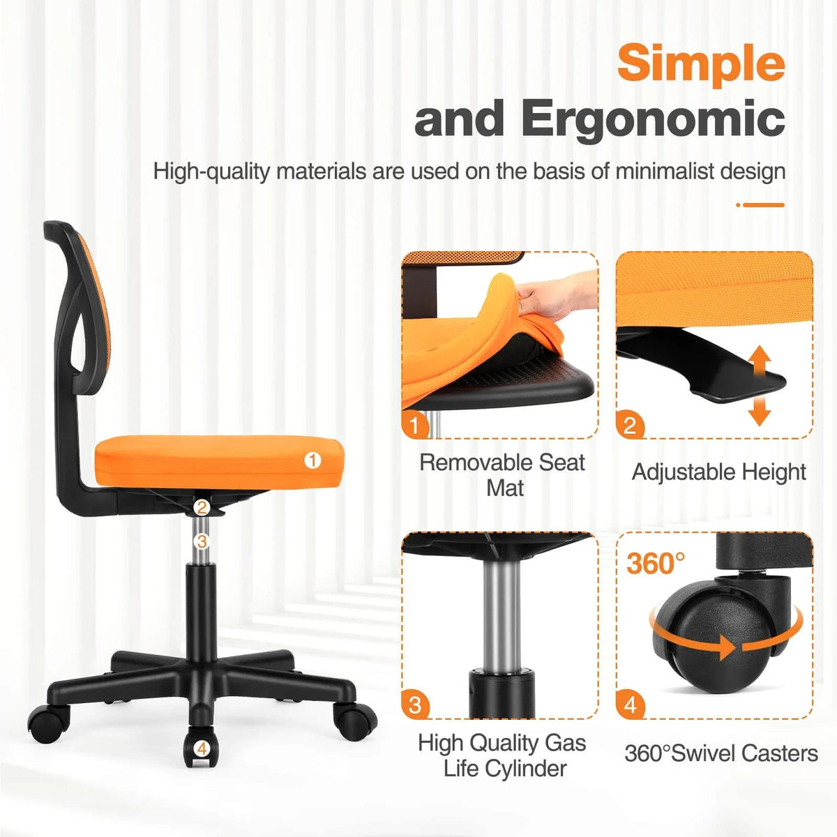 Ergonomic Office Chair with Wheels, Orange E6891