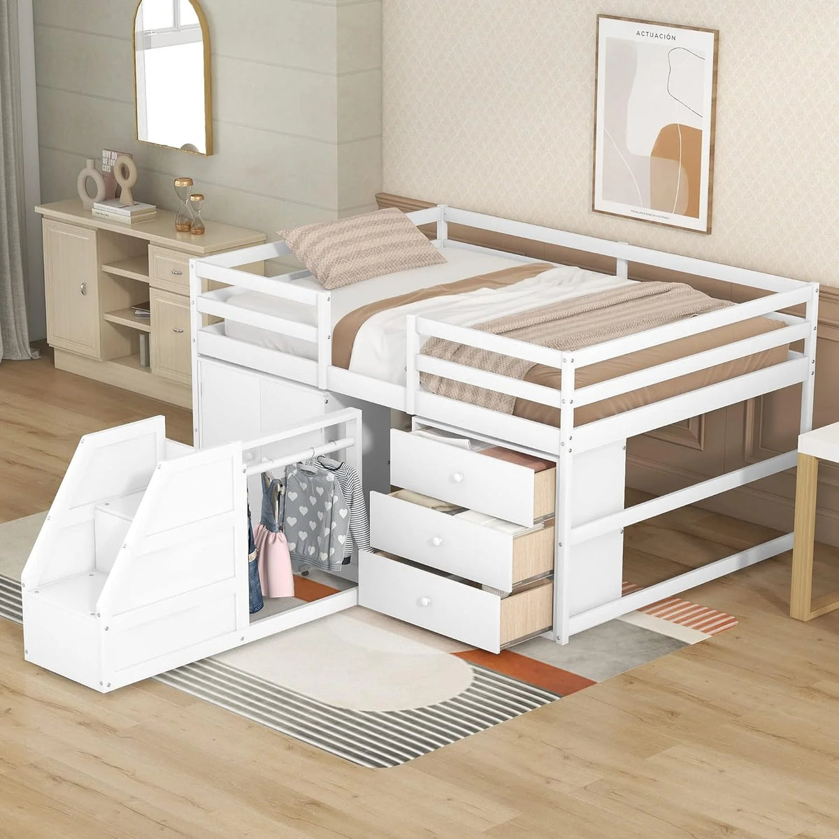 Full Size Solid Wood Bed with Drawers and Staircase X338