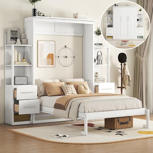 White Full Size Wood Murphy Bed with Shelves and LED Lights K837884