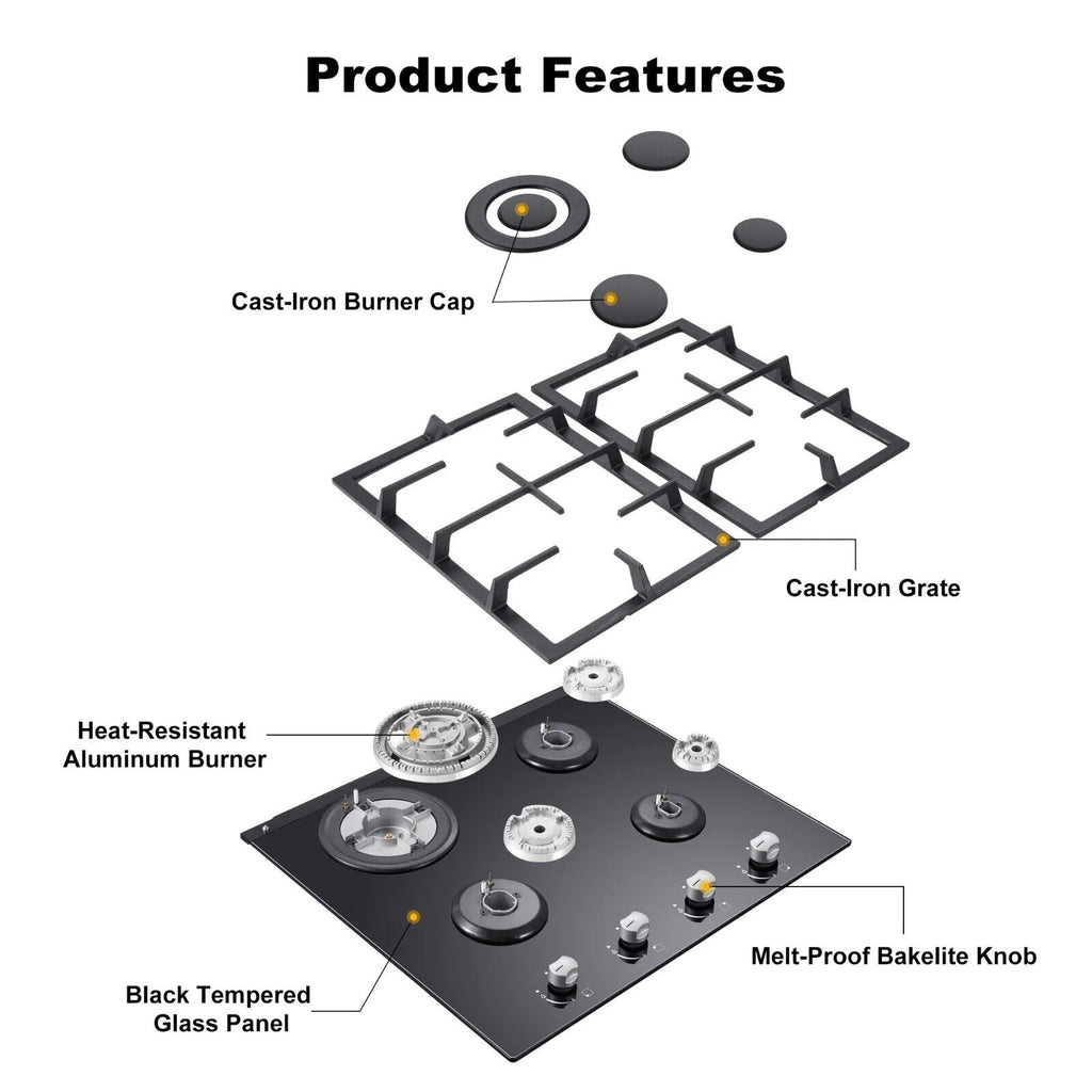 24 inch 4 Burners Gas Cooktop with Tempered Glass X792