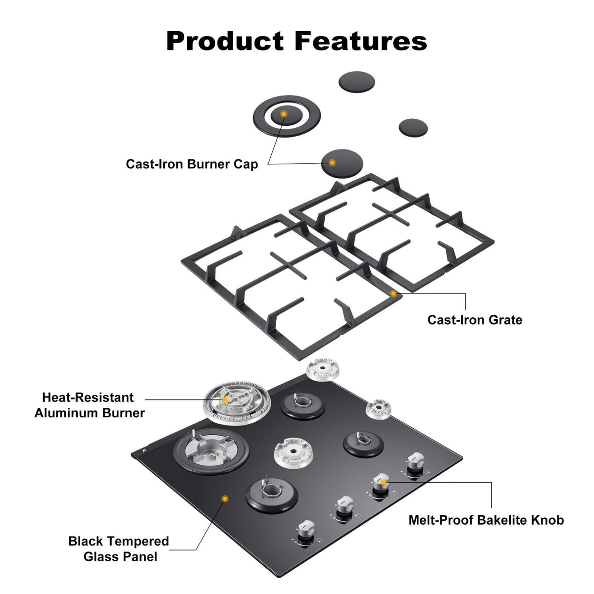 24 inch 4 Burners Gas Cooktop with Tempered Glass X792
