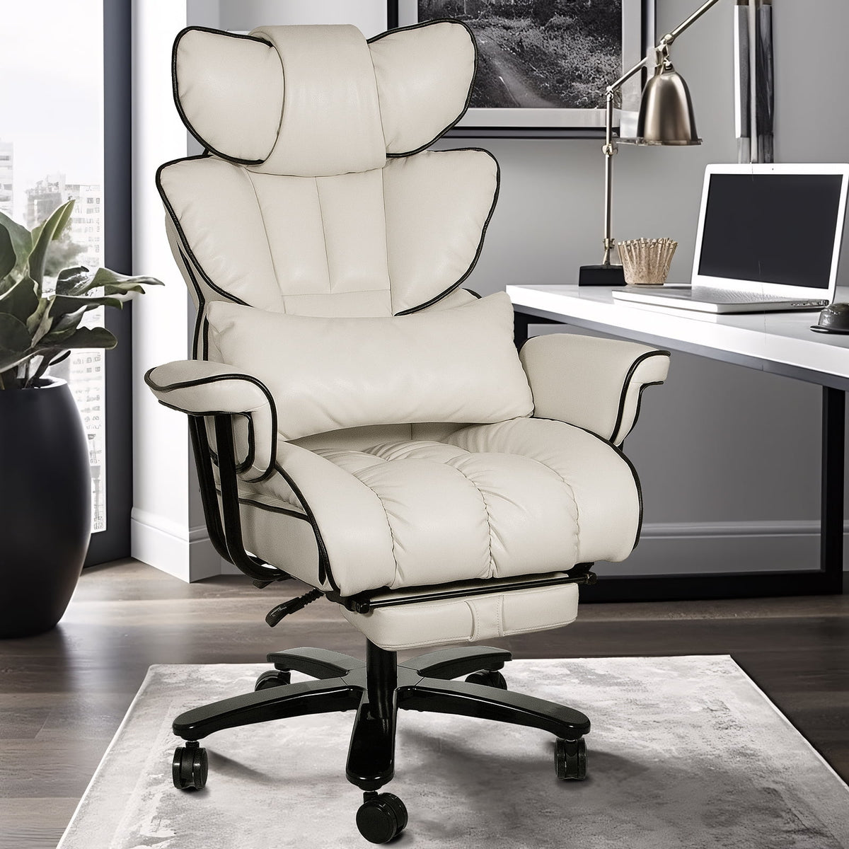 Big and Tall Ergonomic PU Leather Reclining Office Chair with Footrest W3592