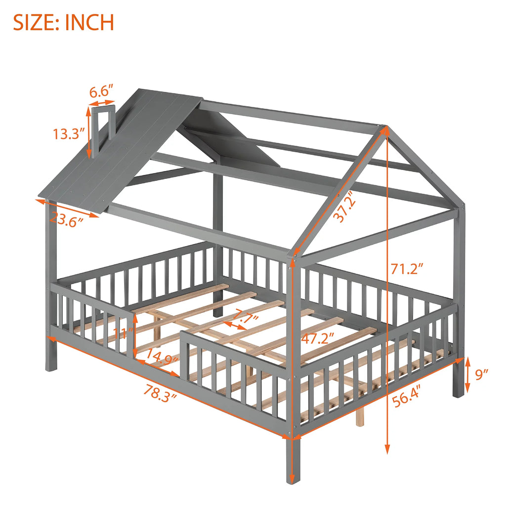 Full Size Wood Bed Frame with Roof and Fence Y214192
