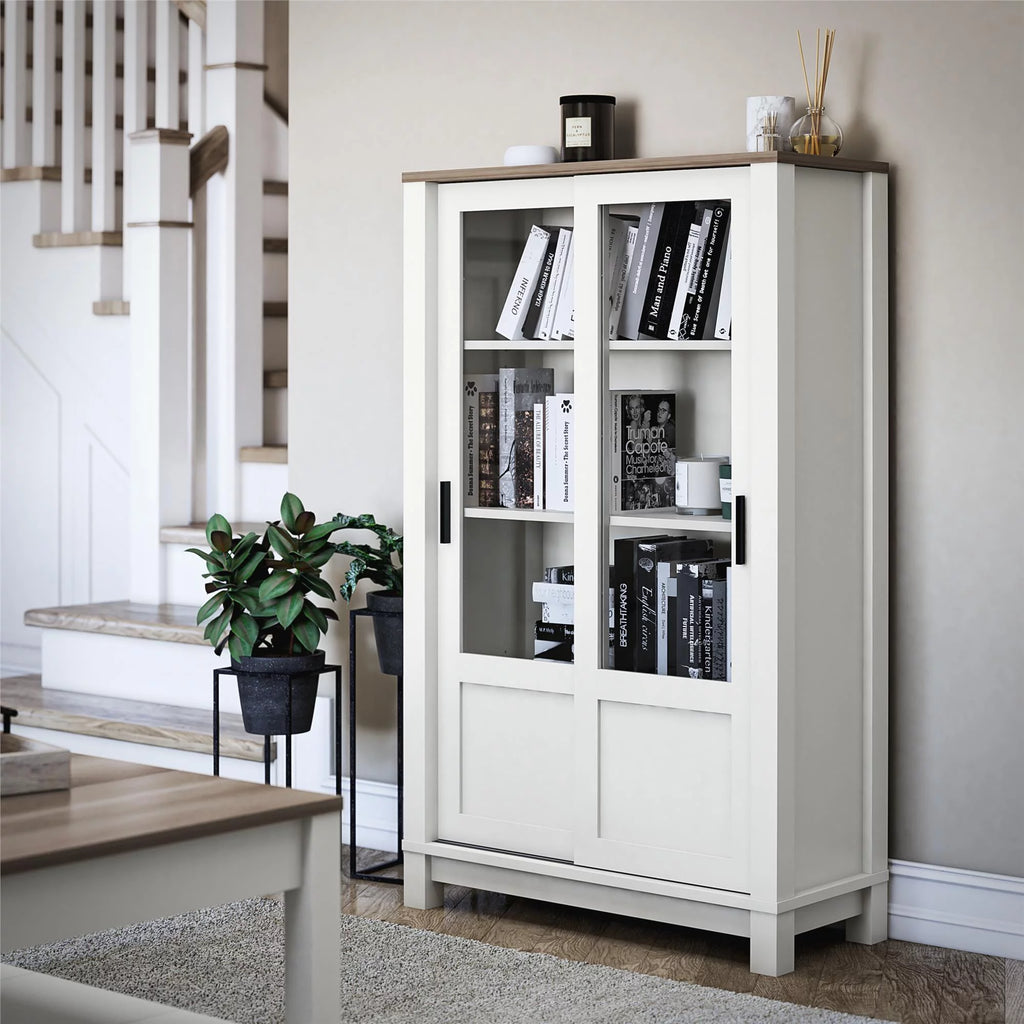 White Bookcase Cabinet with Sliding Glass Doors I1174
