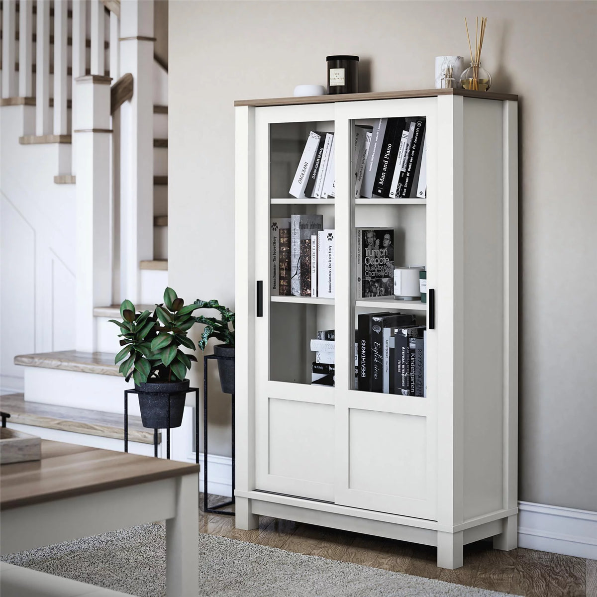 White Bookcase Cabinet with Sliding Glass Doors I1174