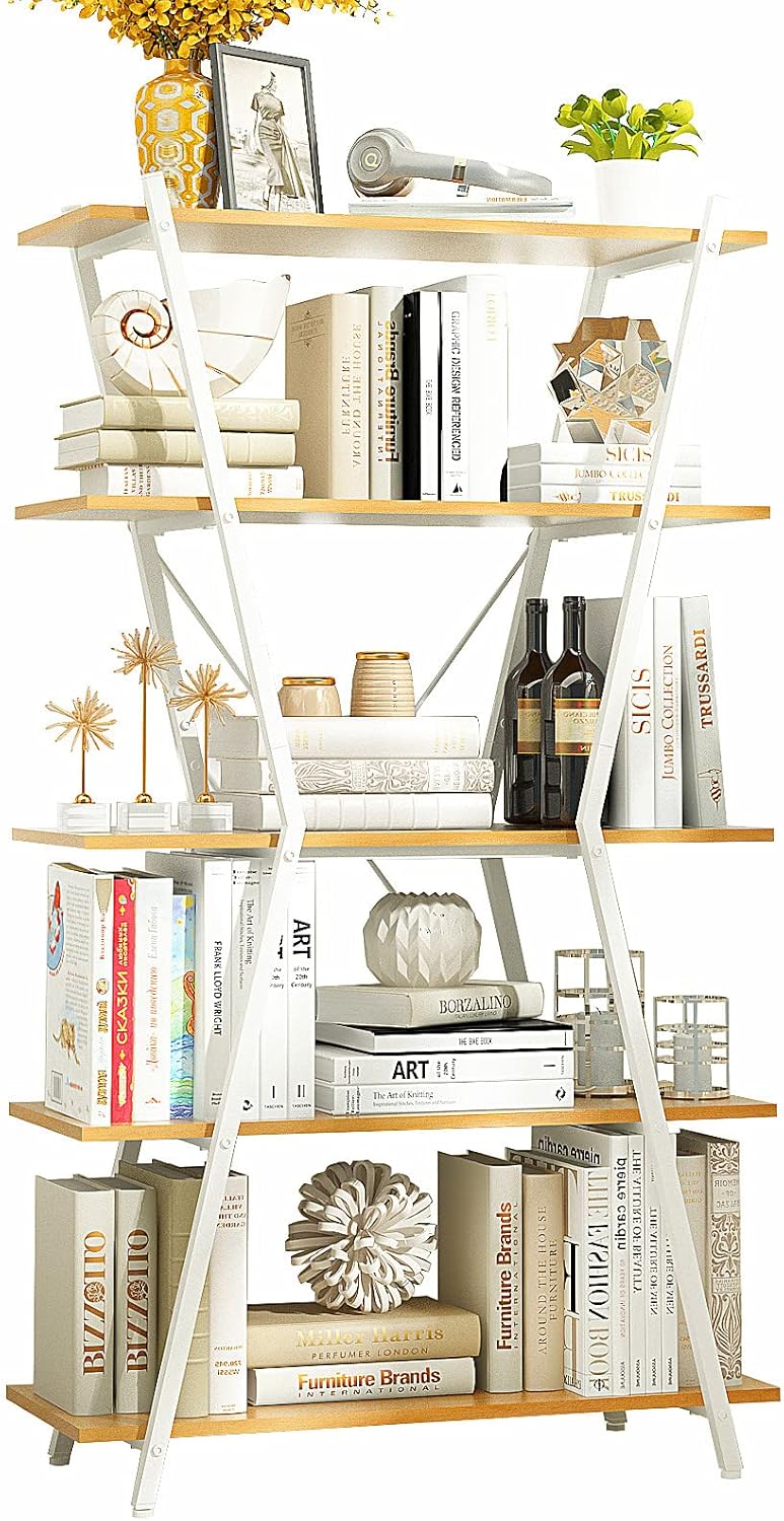 White 5 Tier Wood Bookshelf with Metal Frame Q328
