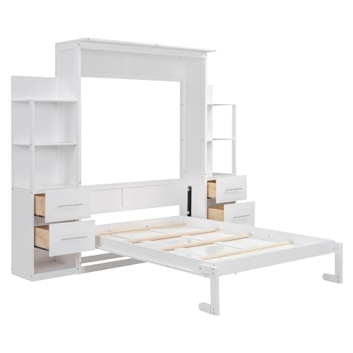 White Full Size Wood Murphy Bed with Shelves and LED Lights K837884