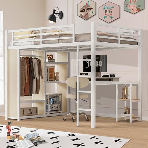 Queen Heavy Duty Metal Loft Bed with L-Shaped Desk, Wardrobe & 5 Storage Shelves Y577