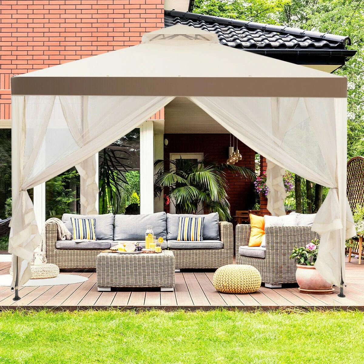 10'x 10' Beige Canopy Gazebo with Mosquito Netting V2613