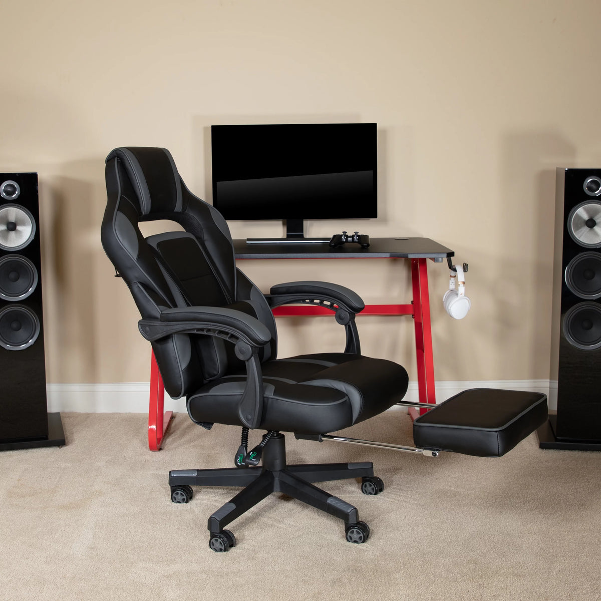 Black Gray Ergonomic Reclining Gaming Chair with Footrest L32761