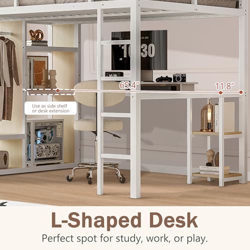 Queen Heavy Duty Metal Loft Bed with L-Shaped Desk, Wardrobe & 5 Storage Shelves Y577