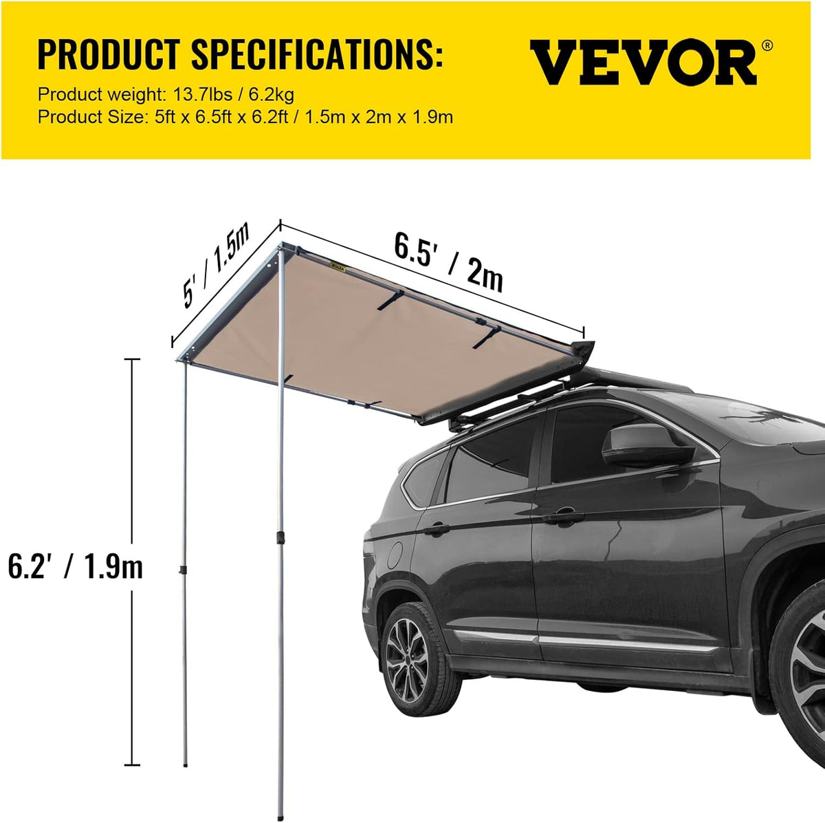 Khaki Pull-Out Retractable Car Side Awning with Carry Bag X2780